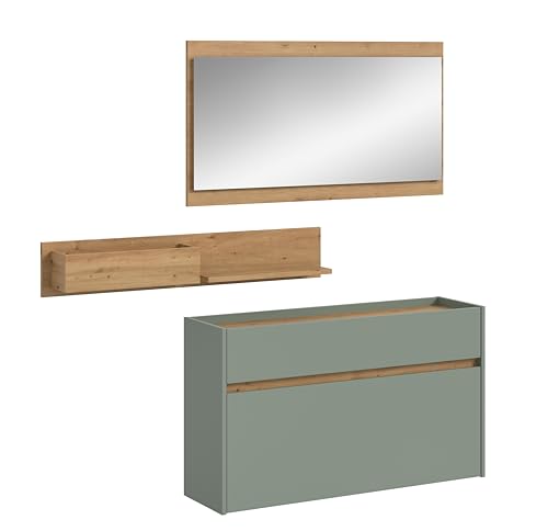 xonox.home – 3 teilige Garderobenkombination Drive 192x140x32 cm in Salbei und Artisan Oak Nachbildung – Set mit Spiegel, Regal & Schuhkommode – Moderne Garderobe für Diele & Eingangsbereich von xonox.home