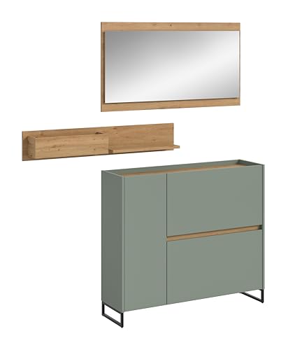 xonox.home – 3 teilige Garderobenkombination Drive 192x140x32 cm in Salbei und Artisan Oak Nachbildung – Set mit Spiegel, Regal & Schuhkommode – Moderne Garderobe für Diele & Eingangsbereich von xonox.home