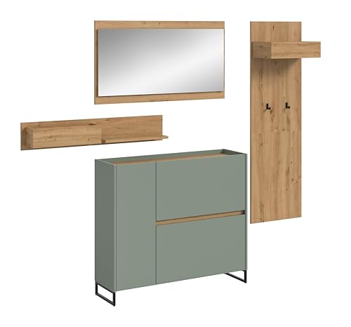 xonox.home – 3 teilige Garderobenkombination Drive 192x175x32 cm in Salbei und Artisan Oak Nachbildung – Set mit Spiegel, Paneel & Schuhkommode – Moderne Garderobe für Diele & Eingangsbereich von xonox.home