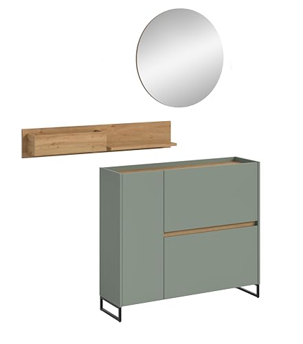 xonox.home – 3 teilige Garderobenkombination Drive 197x140x32 cm in Salbei und Artisan Oak Nachbildung – Set mit Spiegel, Regal & Schuhkommode – Moderne Garderobe für Diele & Eingangsbereich von xonox.home