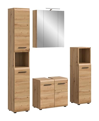 xonox.home – 4 TLG. Badmöbel-Kombination Ice 150x185x30 cm in Korpus und Front Artisan Oak Nachbildung – Elegantes Badmöbel-Set – platzsparend, funktional & zeitlos im Design von xonox.home