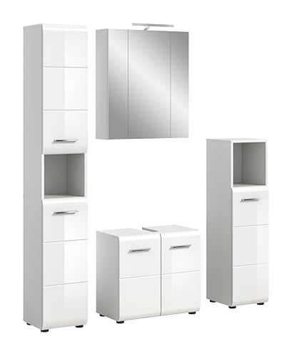 xonox.home – 4 TLG. Badmöbel-Kombination Ice 150x185x30 cm in Korpus weiß Nachbildung und Front weiß Hochglanz – Elegantes Badmöbel-Set – platzsparend, funktional & zeitlos im Design von xonox.home