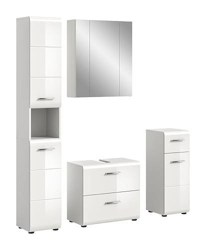 xonox.home – 4 TLG. Badmöbel-Kombination Ice 150x185x30 cm in Korpus weiß Nachbildung und Front weiß Hochglanz – Elegantes Badmöbel-Set – platzsparend, funktional & zeitlos im Design von xonox.home