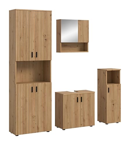 xonox.home – 4 TLG. Badmöbel-Set Mone 180x192x30 cm in Korpus und Front Artisan Oak Nachbildung – Zeitgemäße Kombination für Dein Bad – funktional, hell & modern von xonox.home
