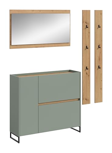 xonox.home – 4 teilige Garderobenkombination Drive 192x172x32 cm in Salbei und Artisan Oak Nachbildung – Set mit Spiegel, Paneel & Schuhkommode – Moderne Garderobe für Diele & Eingangsbereich von xonox.home