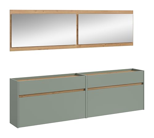 xonox.home – 4 teilige Garderobenkombination Drive 192x220x32 cm in Salbei und Artisan Oak Nachbildung – Set mit Spiegel, Regal & Schuhkommode – Moderne Garderobe für Diele & Eingangsbereich von xonox.home