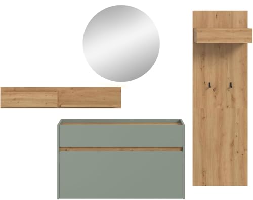 xonox.home – 4 teilige Garderobenkombination Drive 197x205x32 cm in Salbei und Artisan Oak Nachbildung – Set mit Spiegel, Paneel & Schuhkommode – Moderne Garderobe für Diele & Eingangsbereich von xonox.home