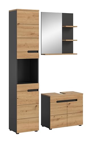 xonox.home Badezimmer Canu 3tlg. Kombination Badmöbel Set kleine Bäder Komplettprogramm Bademöbel-Set in Front + Absetzung Artisan Eiche Nb., Korpus Basalt grau Nb. von xonox.home