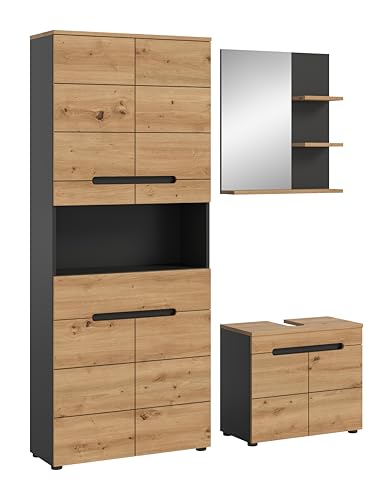 xonox.home Badezimmer Canu 3tlg. Kombination Badmöbel Set kleine Bäder Komplettprogramm Bademöbel-Set in Front + Absetzung Artisan Eiche Nb., Korpus Basalt grau Nb. von xonox.home