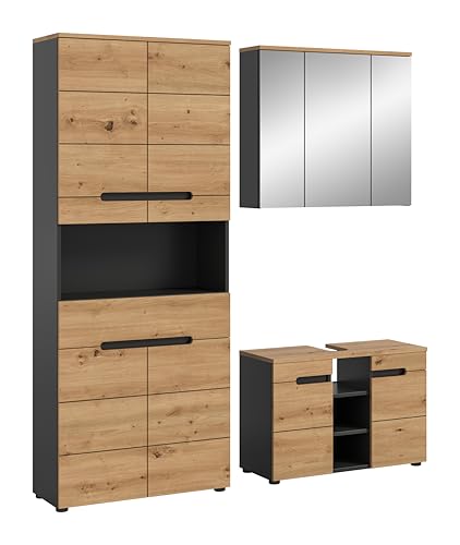 xonox.home Badezimmer Canu 3tlg. Kombination Badmöbel Set kleine Bäder Komplettprogramm Bademöbel-Set in Front + Absetzung Artisan Eiche Nb., Korpus Basalt grau Nb. von xonox.home