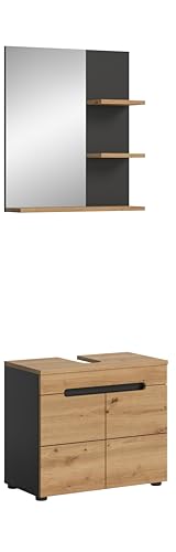 xonox.home Badezimmer Canu 2tlg. Kombination Badmöbel Set kleine Bäder Komplettprogramm Bademöbel-Set in Front + Absetzung Artisan Eiche Nb., Korpus Basalt grau Nb. von xonox.home