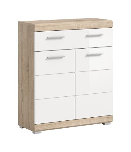 xonox.home Badezimmer Lambada Kommode Schrank Midischrank Badezimmerschrank Badschrank breit in Korpus weiß Hochglanz Korpus Sonoma Eiche hell Nb., ca.74x88x31 cm von xonox.home