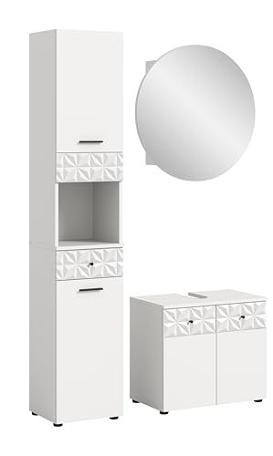 xonox.home Badezimmer Prisma 3tlg. Kombination Badmöbel Set kleine Bäder Komplettprogramm Bademöbel-Set in Front/Korpus weiß Absetzung weiß Hochglanz Tiefzieh von xonox.home