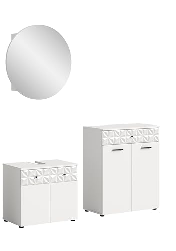 xonox.home Badezimmer Prisma 3tlg. Kombination Badmöbel Set kleine Bäder Komplettprogramm Bademöbel-Set in Front/Korpus weiß Absetzung weiß Hochglanz Tiefzieh von xonox.home