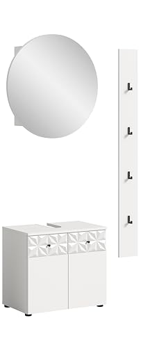 xonox.home Badezimmer Prisma 3tlg. Kombination Badmöbel Set kleine Bäder Komplettprogramm Bademöbel-Set in Front/Korpus weiß Absetzung weiß Hochglanz Tiefzieh von xonox.home