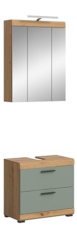 xonox.home Badezimmer Scout 2tlg.-Set Badkombination Badmöbelset Badset Badezimmerschrank in Front Salbei grün Nb. Korpus Artisan Eiche Nb., ca. 60x191x34 cm inkl. Beleuchtung von xonox.home
