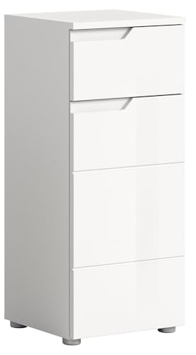 xonox.home Badezimmer Solero Kommode Schrank Standschrank schmaler Badezimmerschrank Badschrank schmal in Front weiß Hochglanz tiefzieh Korpus weiß, ca.38x87x34 cm von xonox.home