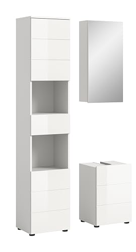 xonox.home Badezimmer Vira 3tlg. Kombination Badmöbel Set kleine Bäder Komplettprogramm Bademöbel-Set in Front weiß Hochglanz Tiefzieh Korpus weiß Melamin von xonox.home