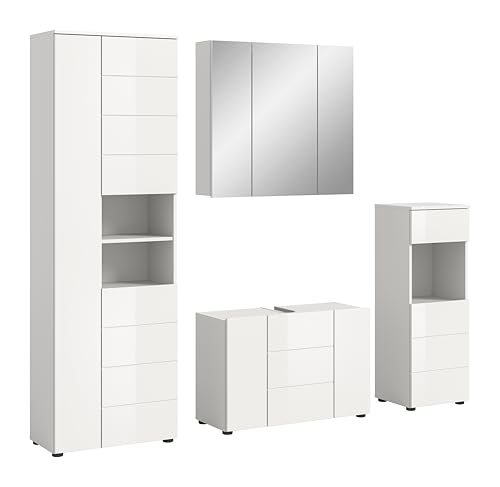 xonox.home Badezimmer Vira 5tlg. Kombination Badmöbel Set kleine Bäder Komplettprogramm Bademöbel-Set in Front weiß Hochglanz Tiefzieh Korpus weiß Melamin von xonox.home