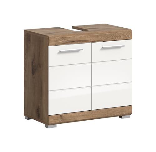 xonox.home Badezimmer Wave Waschbeckenunterschrank Badunterschrank Waschbecken Unterschrank Schrank Waschtisch Unterschrank in weiß Hochglanz tiefzieh und Nox Oak Nb., ca.37x 191x 31cm von xonox.home