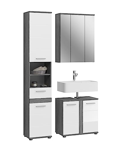 xonox.home Badezimmer Blake 3tlg. Kombination Badmöbel Set Set für kleine Bäder Komplettprogramm Badezimmer Bademöbel-Set in weiß Hochglanz, rauchsilber Nachbildung von xonox.home