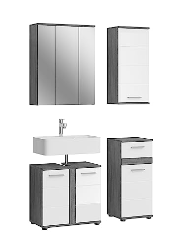 xonox.home Badezimmer Blake 4tlg. Kombination Badmöbel Set Set für kleine Bäder Komplettprogramm Badezimmer Bademöbel-Set in weiß Hochglanz, rauchsilber Nachbildung von xonox.home