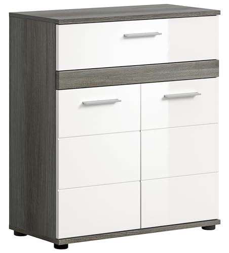 xonox.home Badezimmer Blake Kommode Schrank Midischrank Badezimmerschrank Badschrank in Front weiß Hochglanz Korpus rauchsilber Nb.ca. 35x79x31 cm von xonox.home