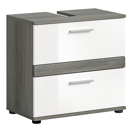 xonox.home - Waschbeckenunterschrank Blake 60x57x34 cm in Front weiß Hochglanz Korpus rauchsilber Nb mit 2 Schubkästen - Badunterschrank Badezimmerschrank - modern und funktional von xonox.home
