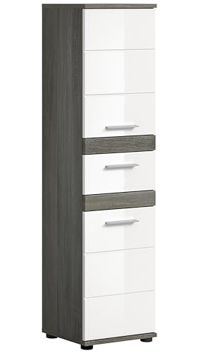 xonox.home - Standschrank Blake 35x134x31 cm in Front weiß Hochglanz Korpus rauchsilber Nb - Hochschrank Badschrank Badezimmerschrank - modern, platzsparend und funktional von xonox.home