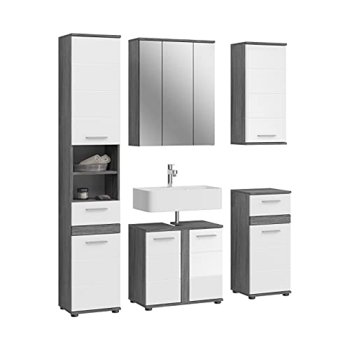 xonox.home Badezimmer Blake 5tlg. Kombination Badmöbel Set Set für kleine Bäder Komplettprogramm Badezimmer Bademöbel-Set in weiß Hochglanz, rauchsilber Nachbildung von xonox.home
