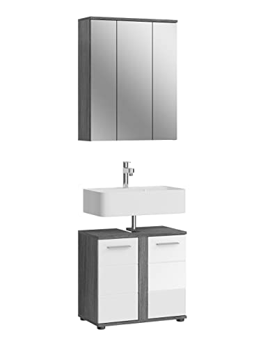 xonox.home Badezimmer Blake 2tlg. Kombination Badmöbel Set Set für kleine Bäder Komplettprogramm Badezimmer Bademöbel-Set in weiß Hochglanz, rauchsilber Nachbildung von xonox.home