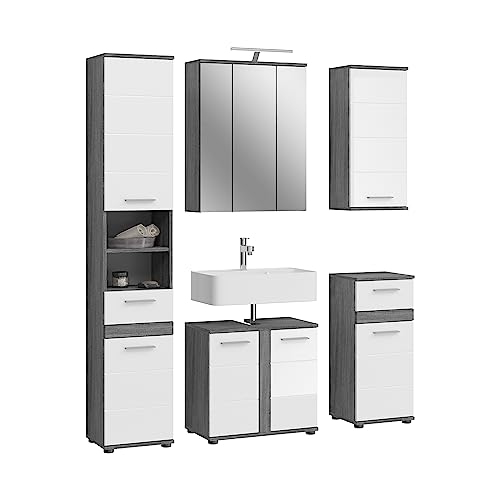 xonox.home Badezimmer Blake 5tlg. Kombination Badmöbel Set Set für kleine Bäder Komplettprogramm Badezimmer Bademöbel-Set in weiß Hochglanz, rauchsilber Nachbildung inkl. Beleuchtung von xonox.home