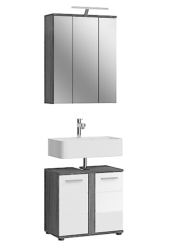 xonox.home Badezimmer Blake 2tlg. Kombination Badmöbel Set Set für kleine Bäder Komplettprogramm Badezimmer Bademöbel-Set in weiß Hochglanz, rauchsilber Nachbildung inkl. Beleuchtung von xonox.home
