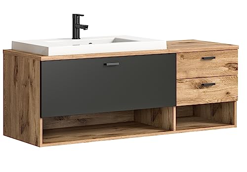 xonox.home Badezimmer Grado Waschbeckenunterschrank Unterschrank Waschtischunterschrank hängend in Front Nox Oak Nb.Tiefzieh Korpus Nox Oak Nb.Absetzung grau Nb.ca. 138x51x48 cm inkl. Waschbecken von xonox.home