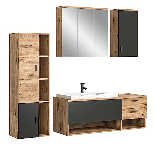 xonox.home Badezimmer Grado 4tlg. Kombination Badmöbel Set Komplettprogramm Bademöbel-Set Badezimmerkombination Set hängend in Front Nox Oak Nb. Tiefzieh Korpus Nox Oak Nb. Absetzung grau Nb. von xonox.home