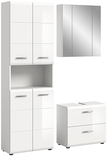xonox.home Badezimmer Ice 3tlg. Kombination Badmöbel Set kleine Bäder Komplettprogramm Bademöbel-Set in Front weiß Hochglanz Tiefzieh Korpus weiß von xonox.home
