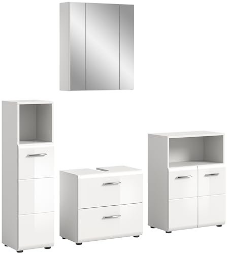 xonox.home Badezimmer Ice 4tlg. Kombination Badmöbel Set kleine Bäder Komplettprogramm Bademöbel-Set in Front weiß Hochglanz Tiefzieh Korpus weiß von xonox.home