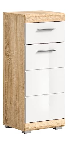 xonox.home Badezimmer Lambada Kommode Schrank Standschrank schmaler Badezimmerschrank Badschrank schmal in Front weiß Hochglanz Korpus Sonoma Eiche hell Nb., ca.37x88x31cm von xonox.home