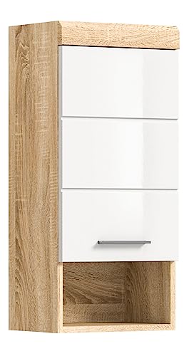 xonox.home Badezimmer Lambada Hängeschrank Schrank Badezimmerschrank hängend Wandschrank Hängeschrank Bad in Front weiß Hochglanz Korpus Sonoma Eiche hell, ca.35x77x25 cm von xonox.home