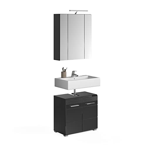 xonox.home Badezimmer Linus 2tlg. Kombination Badmöbel Set kleine Bäder Komplettprogramm Bademöbel-Set in Front schwarz Hochglanz Tiefzieh, Korpus schwarz Nb. inklusive Beleuchtung von xonox.home