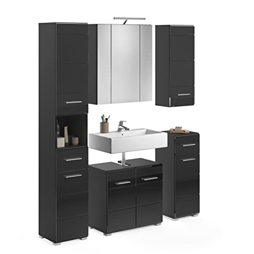 xonox.home Badezimmer Linus 5tlg. Kombination Badmöbel Set kleine Bäder Komplettprogramm Bademöbel-Set in Front schwarz Hochglanz Tiefzieh, Korpus schwarz Nb. inklusive Beleuchtung von xonox.home