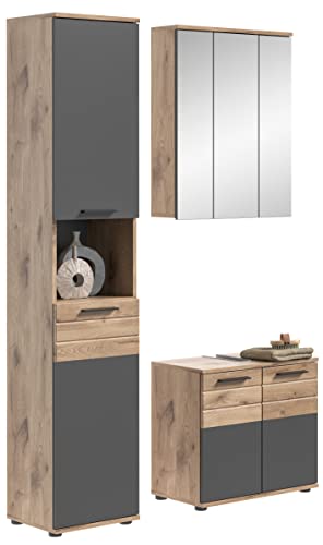 xonox.home Badezimmer Mason 3tlg. Kombination Badmöbel Set kleine Bäder Komplettprogramm Bademöbel-Set in Basalt grau Nb.,Nox Oak Nb.Hochschrank Waschbeckenunterschrank Spiegelschrank von xonox.home