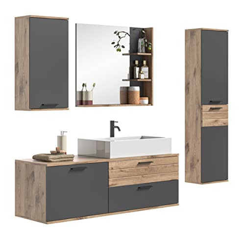 xonox.home Badezimmer Mason 4tlg. Kombination Badmöbel Set kleine Bäder Komplettprogramm Bademöbel-Set hängend in Basalt grau Nb.,Nox Oak Nb. Waschbeckenunterschrank mit Schubkästen von xonox.home