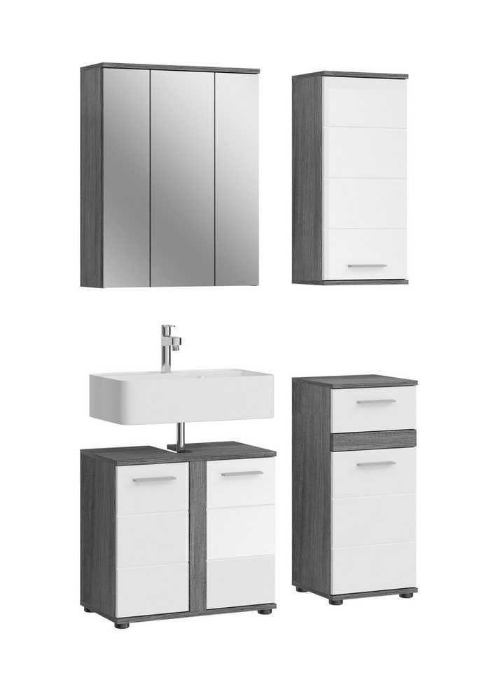 xonox.home Badezimmer-Set Blake, (4tlg. Set inkl. WBU, Spiegelschrank, Hängeschrank, Standschrank), Weiß Hochglanz Rauchsilber Siphonausschnitt Beschichtet 114x191x34 cm von xonox.home