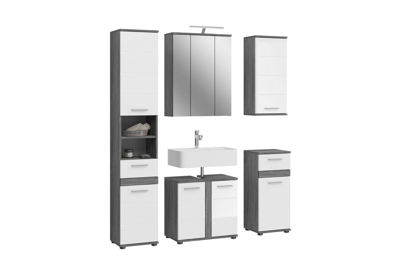 xonox.home Badezimmer-Set Blake, (6tlg. Set Hochschrank, WBU, Spiegelschrank, Hängeschrank, Standschrank), Weiß Hochglanz Rauchsilber Beschichtet Modern 164x191x34 cm von xonox.home