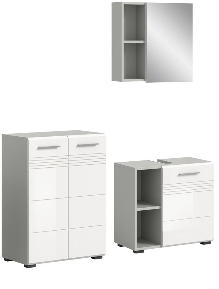 xonox.home Badezimmer-Set Copa, (3tlg. Set inkl. Midischrank, Waschbeckenunterschrank, Spiegelschrank), Weiß Hochglanz Hellgrau Softclose Melamin Modern 135x190x32 cm von xonox.home