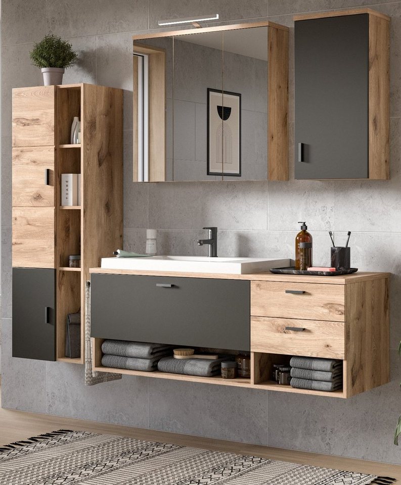 xonox.home Badezimmer-Set Grado, (in Nox Eiche und grau, Komplett-Set 5-teilig), Soft-Close-Funktion, inklusive Waschbecken von xonox.home