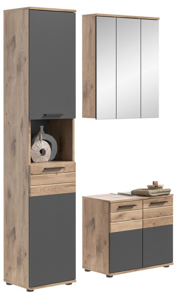xonox.home Badezimmer-Set Mason, (3tlg. Set bestehend aus hochschrank, Waschtisch, Spiegelschrank), Nox Oak Nachbildung Basalt Grau Siphonausschnitt Melamin 112x190x34 cm xonox.home Badezimmer-Set Mason, (3tlg. Set bestehend aus hochschrank, Waschtisch, Spiegelschrank), Nox Oak Nachbildung Basalt Grau Siphonausschnitt Melamin 112x190x34 cm von xonox.home