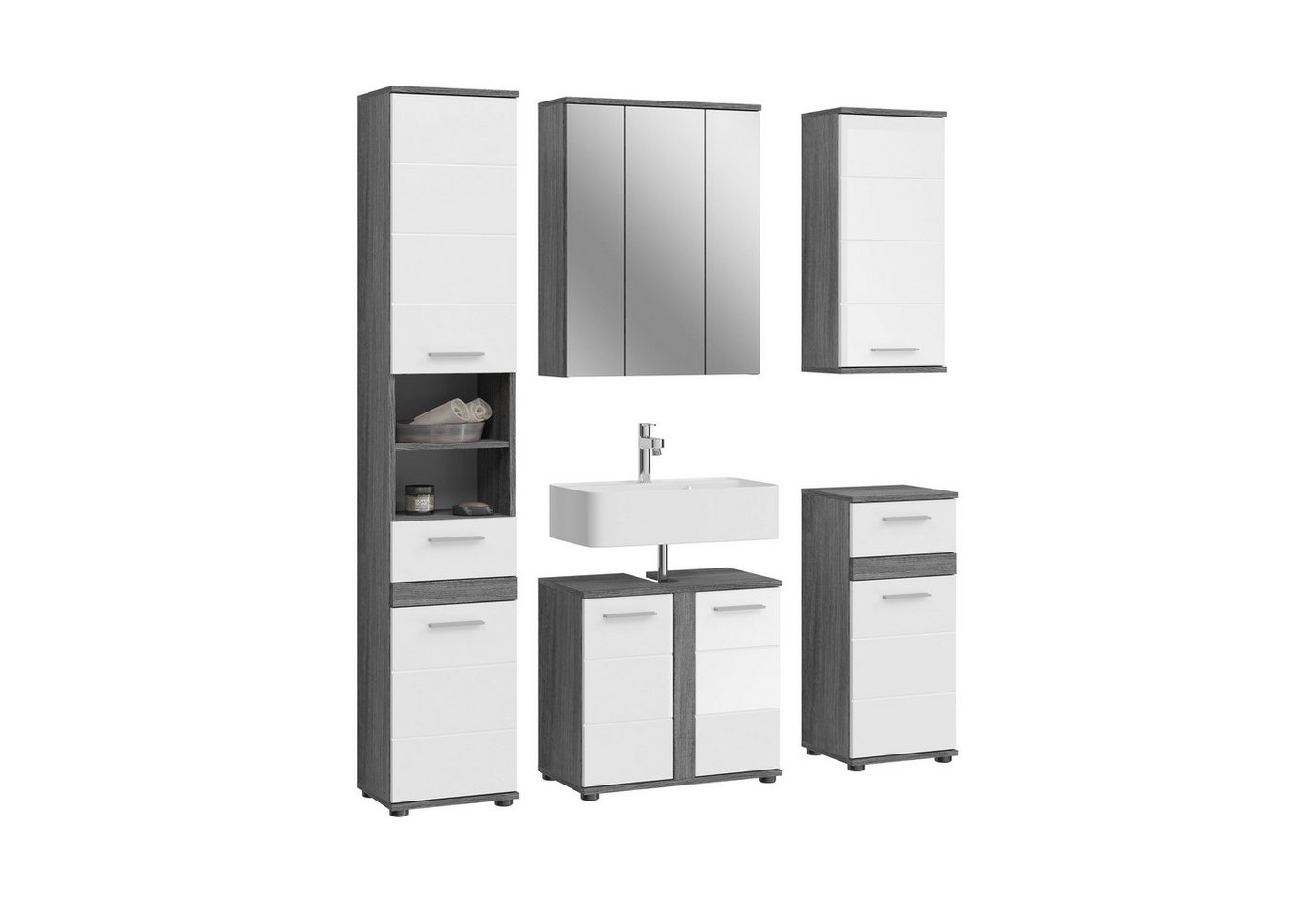 xonox.home Badezimmer-Set Blake, (5tlg. Set Hochschrank, WBU, Spiegelschrank, Hängeschrank, Standschrank), Weiß Hochglanz Rauchsilber Beschichtet Modern 164x191x34 cm von xonox.home