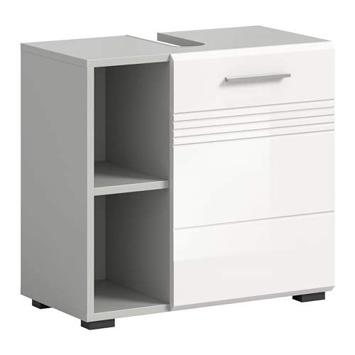 xonox.home Badezimmer Copa Waschbeckenunterschrank Badunterschrank Waschbecken Unterschrank Schrank in Front weiß Hochglanz tiefzieh Korpus Hellgrau, ca.60x56x32 cm mit Regal von xonox.home